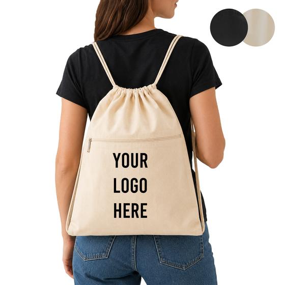 Cotton Drawstring Backpack with Zip Pocket (BPK19) — blank, ready for custom branding by Promaroo