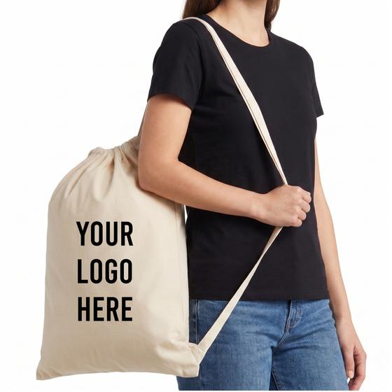 Cotton Drawstring Bag with Shoulder Strap (LB118) — blank, ready for custom branding by Promaroo
