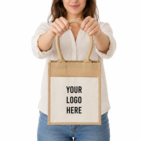 Small Jute Tote with Canvas Panel (TJ287) — blank, ready for custom branding by Promaroo