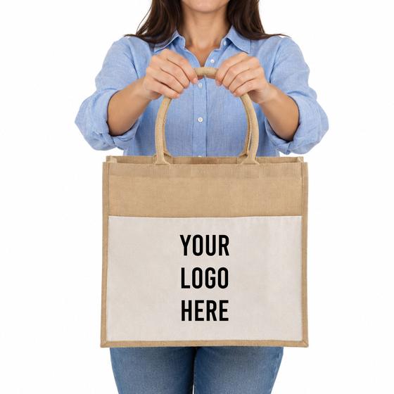 Wide Jute Tote with Canvas Panel (TJ289) — blank, ready for custom branding by Promaroo