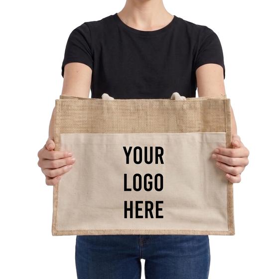 Wide Jute Tote with Canvas Panel (TJ314) — blank, ready for custom branding by Promaroo