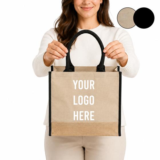 Jute Tote with Canvas Panel and Black Trim (TJ912) — blank, ready for custom branding by Promaroo