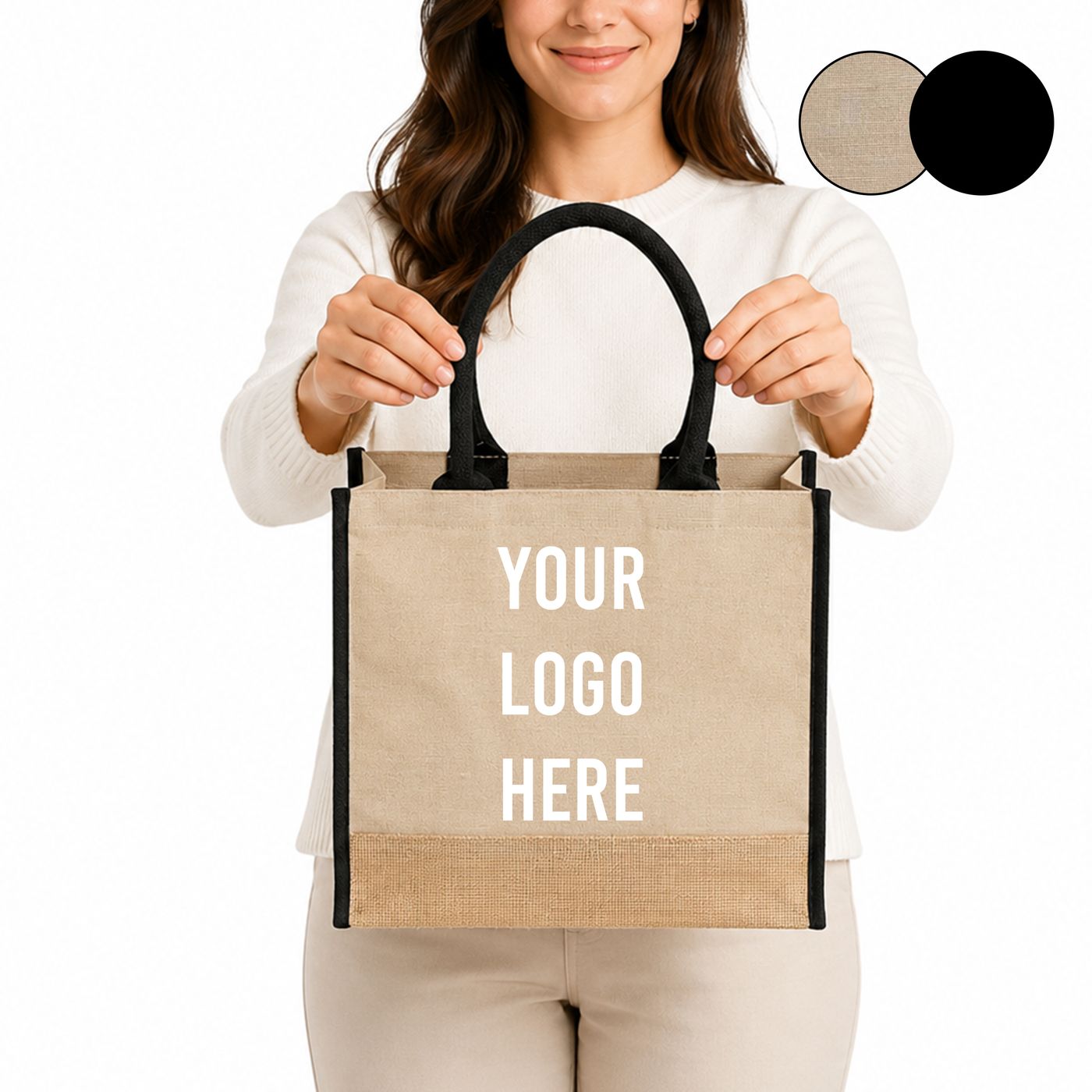 Jute Tote with Canvas Panel and Black Trim (TJ912) — blank, ready for custom branding by Promaroo