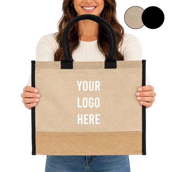 Wide Jute Tote with Canvas Panel and Trim (TJ913) — blank, ready for custom branding by Promaroo