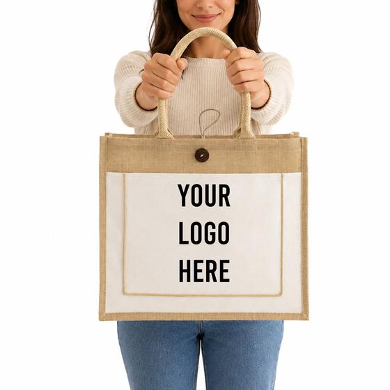 Jute Tote with Button Flap (TJ916) — blank, ready for custom branding by Promaroo