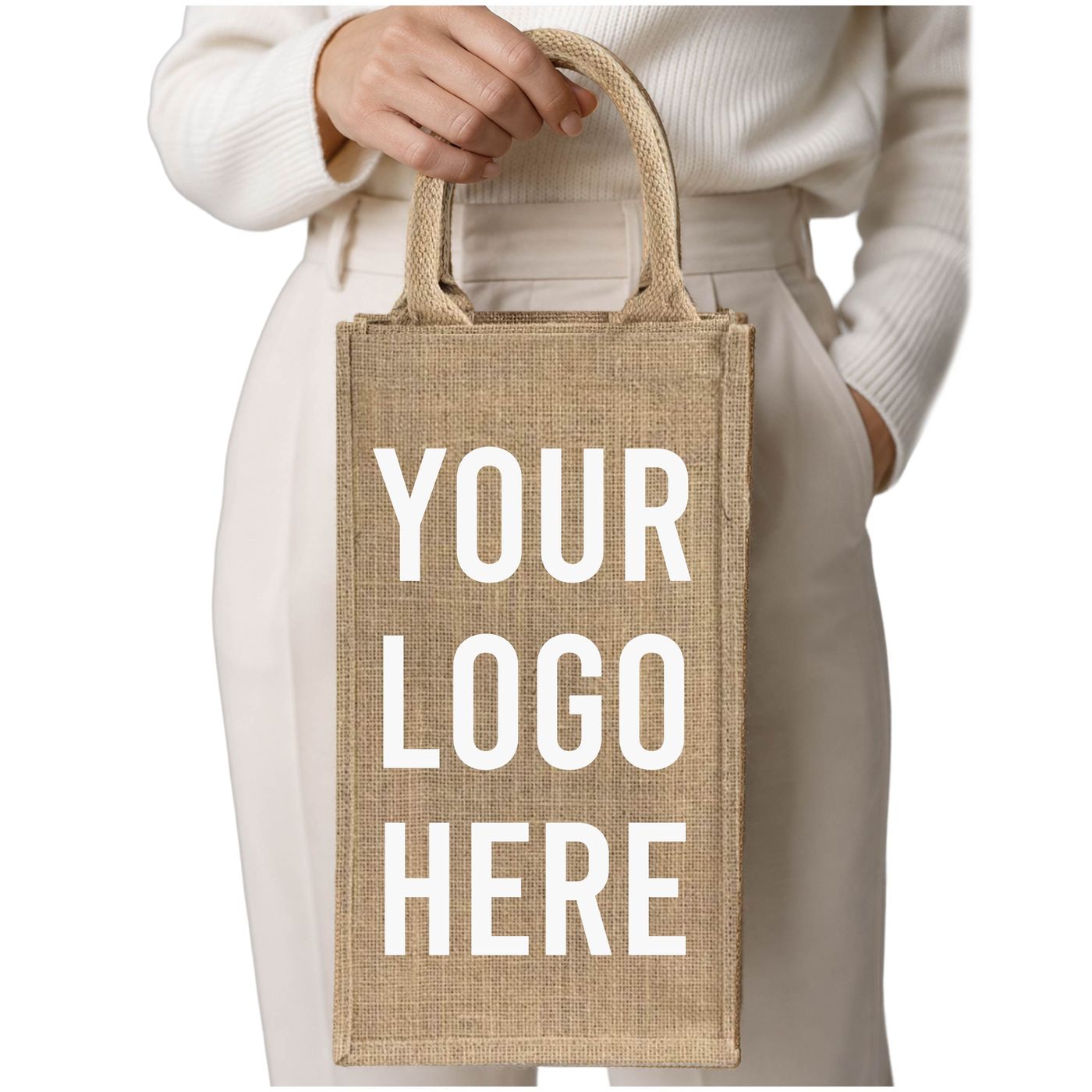 Jute Wine Tote — Two Bottle (WJ752) — blank, ready for custom branding by Promaroo